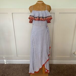 THML Wrap Maxi Dress Women’s Large Blue White Stripe Tribal Fringe Tassels lined